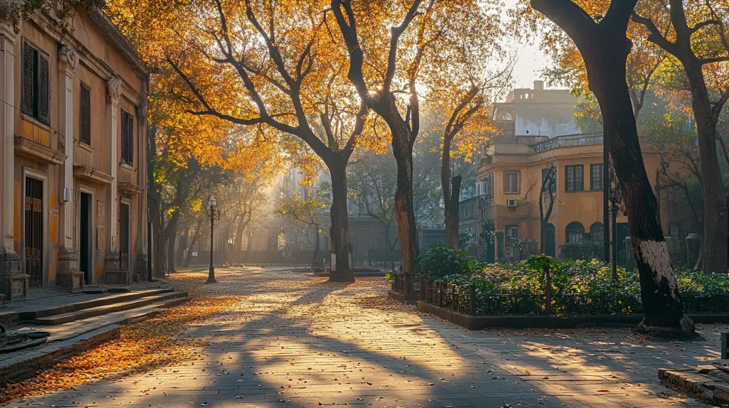 The image shows a tree-lined street with a large, old building on the left. Golden leaves litter the ground and the sun shines through the branches, casting long shadows. The street is empty, giving a sense of peaceful solitude.