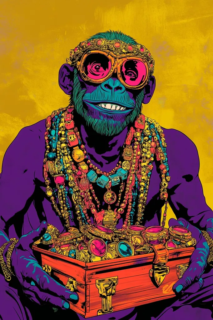 A cartoon monkey wearing gold jewelry and pink sunglasses smiles broadly as he holds a treasure chest overflowing with jewels. The image is done in a bright, bold style with neon colors against a yellow background.  The monkey is the central focus of the artwork, showcasing a sense of wealth and extravagance.