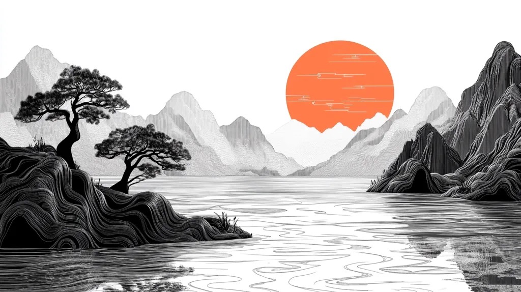 The image depicts a minimalist black and white landscape with a large orange sun in the upper right corner. The sun is setting behind a range of mountains, reflected in the rippling water of a lake in the foreground. Two trees stand on rocky outcroppings, adding a touch of life to the serene scene. The overall effect is one of peace and tranquility.