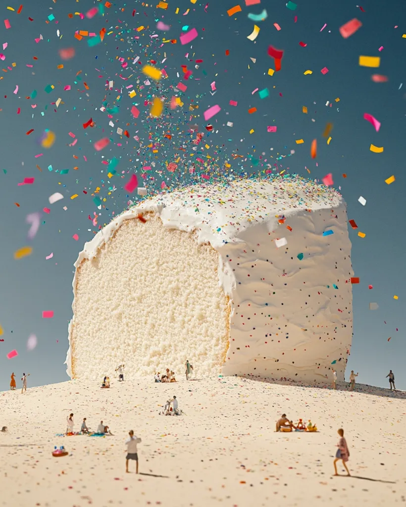 A giant loaf of white bread with a white frosting and colorful sprinkles sits in a desert landscape. Tiny figures are scattered around the base of the bread, some lounging, some walking, and some enjoying a picnic. Confetti falls from the sky. The image is a whimsical and surreal juxtaposition of the ordinary and the extraordinary.