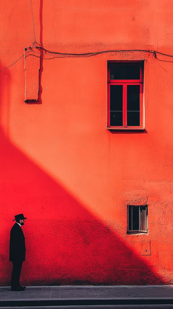 A man in a hat and suit stands in front of a bright red wall. The wall has two windows, one large and one small. The large window has a red frame. The light hits the man and the wall in such a way that it casts a shadow on the wall, but the man remains in the sunlight.  The image has a minimalist feel, with a strong contrast between the red wall and the man's dark clothing.  It gives a feeling of solitude and contemplation.