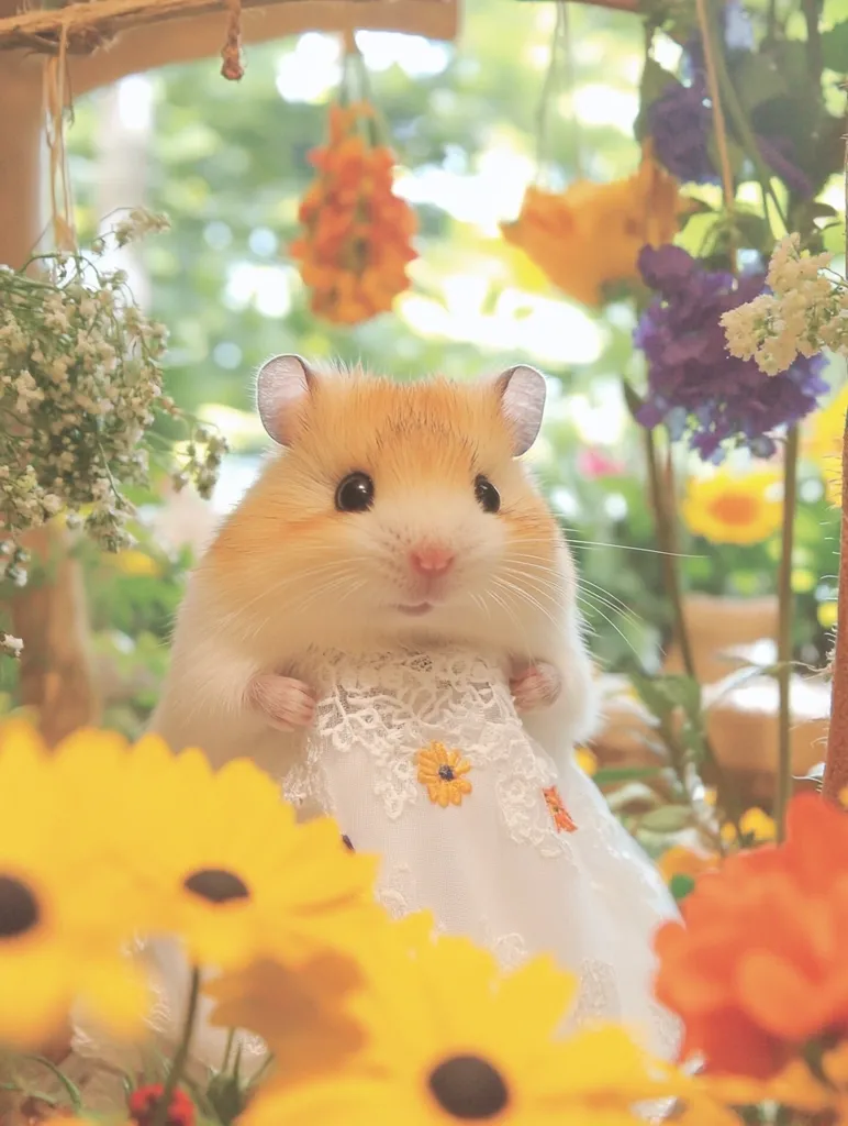 A fluffy, golden hamster is wearing a white dress with lace and floral embroidery. The hamster is standing in a garden setting, surrounded by yellow and orange flowers. It looks directly at the camera with a curious expression. The soft lighting and the gentle background create a warm and inviting atmosphere.