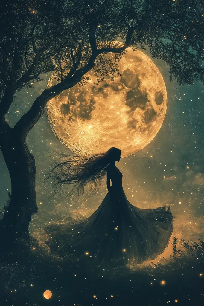 The image depicts a woman in a long flowing dress, standing against a backdrop of a large, full moon and a starry sky. The woman's hair flows behind her, and she appears to be gazing up at the moon. The image is reminiscent of a fairytale or fantasy story, with a sense of magic and wonder. The lighting is soft and ethereal, casting a warm glow over the scene. The image evokes feelings of peace, tranquility, and mystery.
