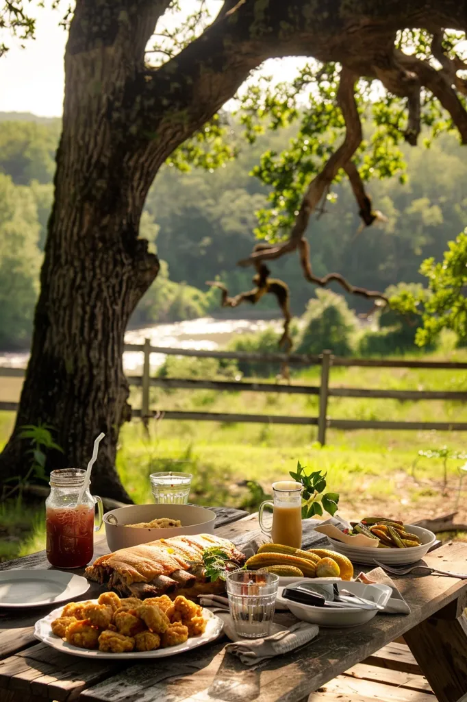 A picnic table is set with a feast of food.  A large roasted pork loin sits in the middle of the table with fried chicken, corn on the cob, and other dishes.  A pitcher of juice and a glass of iced tea are also on the table.  A large tree shades the table and there is a river in the background.  It is a beautiful summer day.