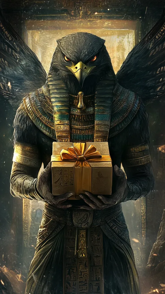 The image depicts a powerful and imposing figure dressed in ancient Egyptian attire. The figure has a hawk-like head with piercing yellow eyes. It is holding a golden gift box adorned with a yellow ribbon. The figure's clothing is intricately decorated with hieroglyphics and gold accents. The background suggests a grand, ancient setting, with faded and weathered textures. The overall image evokes a sense of mystery, power, and ancient wisdom.
