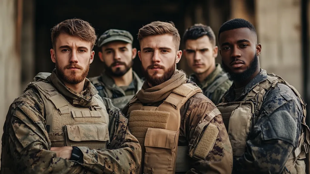 Four soldiers stand in a line, dressed in camouflage fatigues and tactical vests. The focus is on the soldier in the center, a man with a beard and intense gaze. The soldiers appear to be in a serious or somber mood, perhaps reflecting the dangers of their profession. The backdrop is a blurry, industrial environment.