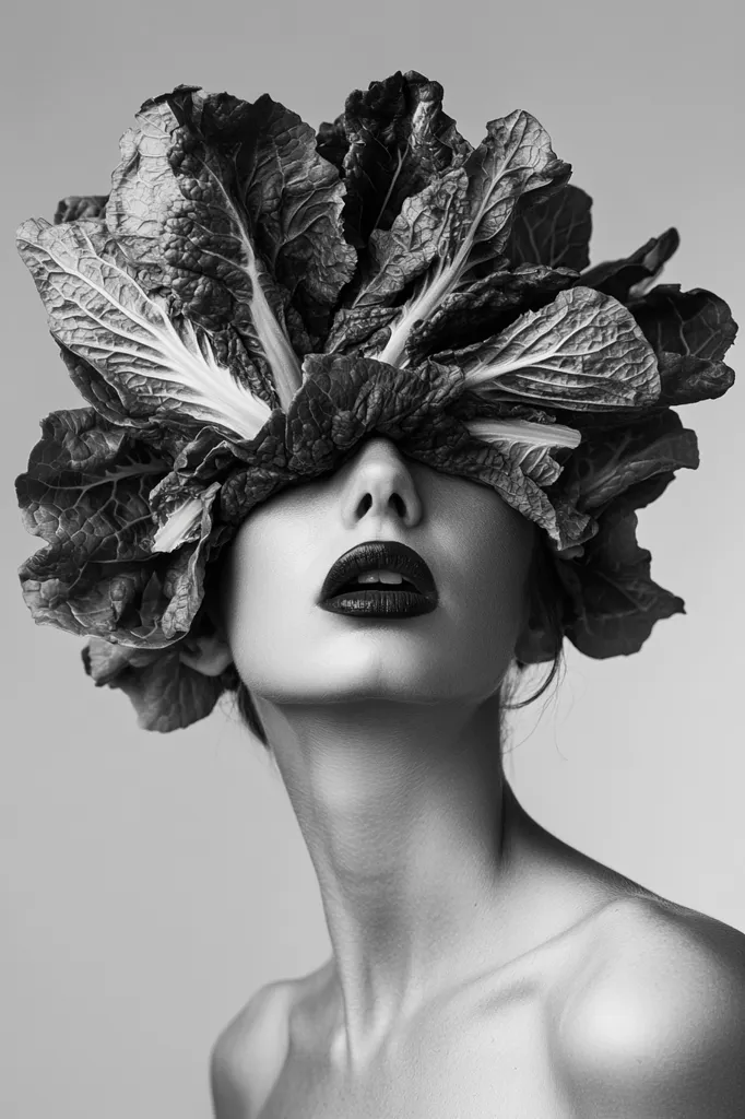 The image is a black and white portrait of a woman with a crown of leafy vegetables covering her eyes. The leaves create a dramatic and abstract shape, highlighting her sharp cheekbones and smooth skin. Her lips are painted a bold red, adding a pop of color to the otherwise monochrome image. The composition is simple yet powerful, with the focus on the woman's face and the contrast between the delicate leaves and her strong features. The image conveys a sense of mystery and allure, suggesting a connection to nature and the beauty of simplicity.