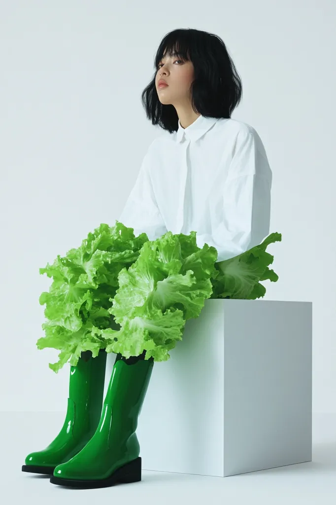 A woman with short black hair is wearing a white collared shirt and green boots. She is sitting on a white cube, surrounded by lettuce leaves. The image is simple and striking, with the woman's minimalist outfit and the bold green lettuce creating a vibrant contrast against the clean white background. The image is likely a fashion editorial or a conceptual piece exploring the beauty of simplicity and the power of nature.
