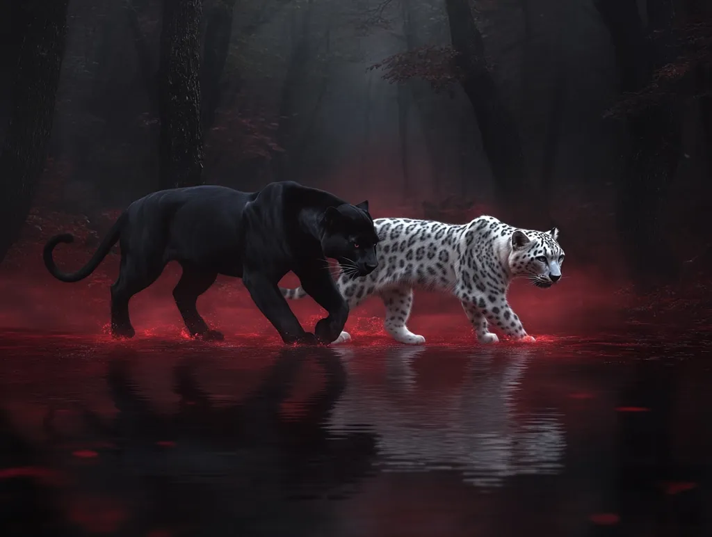 A black panther and a snow leopard walk through a dark, misty forest. The forest floor is covered in red leaves, creating a striking contrast against the white snow leopard and the dark panther. They are walking towards the right side of the image, their reflections visible in the still water. The image creates a sense of mystery and danger.