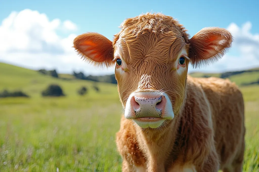 A young brown cow with large, dark eyes stands in a grassy field, looking directly at the camera with a curious expression. The cow's soft fur is visible, and its pink nose is prominent. The background is a blur of green grass and a blue sky with white clouds. The cow seems to be enjoying its time in the pasture.