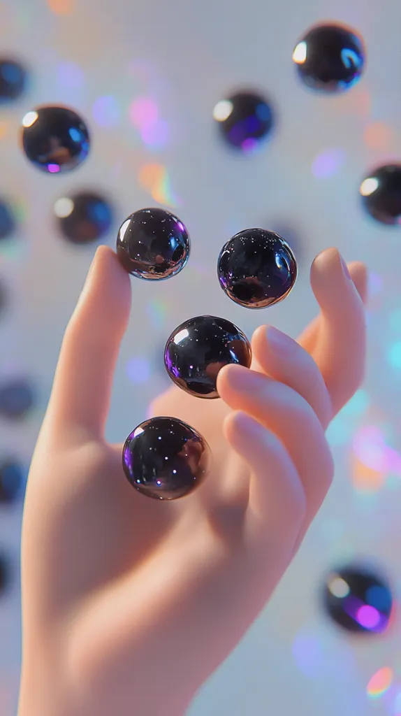 A hand reaches out towards a collection of iridescent, black orbs floating in the air. The orbs appear to be made of glass or plastic and are reflecting light from the surrounding environment. The background is blurred and features a hazy array of colors, giving the impression of a dreamlike or magical setting.