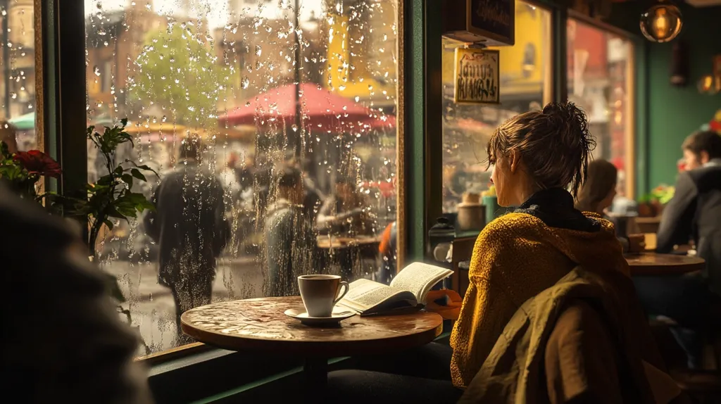 A woman sits by a window in a cafe, reading a book and enjoying a cup of coffee. The rain falls outside, blurring the city streets and creating a cozy atmosphere inside the cafe.  The woman's yellow sweater adds a splash of warmth to the scene, and the soft lighting creates a sense of tranquility.