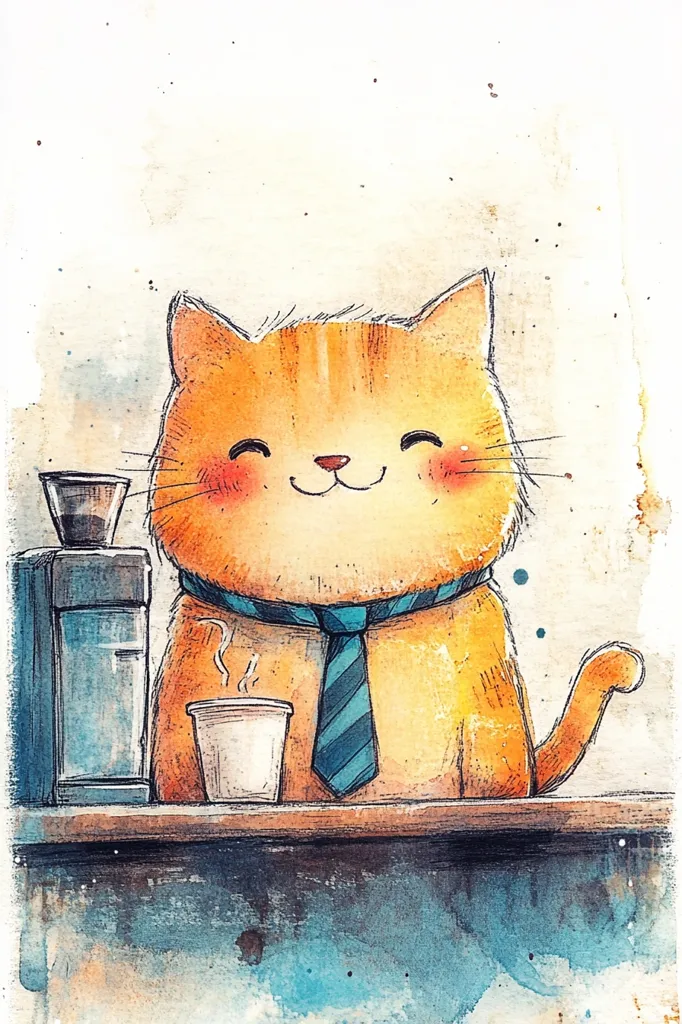 A cartoon cat, wearing a blue striped tie, sits at a counter, holding a cup of steaming coffee. It has a very happy expression on its face, with rosy cheeks and a wide smile. The cat's fur is a bright orange. There is a coffee machine behind it. The image is drawn in a watercolor style, and the background is a light beige with hints of blue.