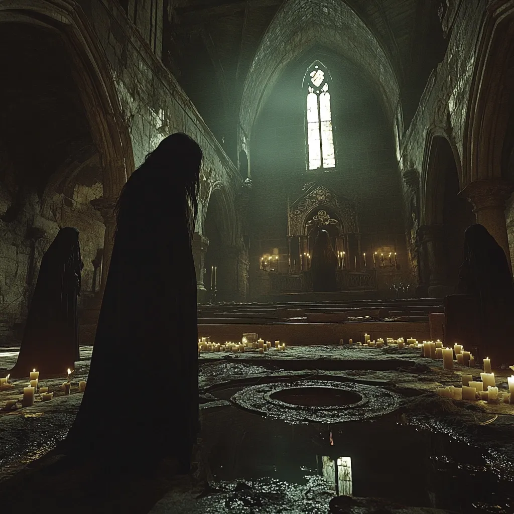 The image shows a dimly lit, gothic church with a large stained glass window in the back. The floor is covered in candles and a large puddle of water. Three figures stand in silhouette, dressed in dark robes. The overall atmosphere is somber and mysterious.