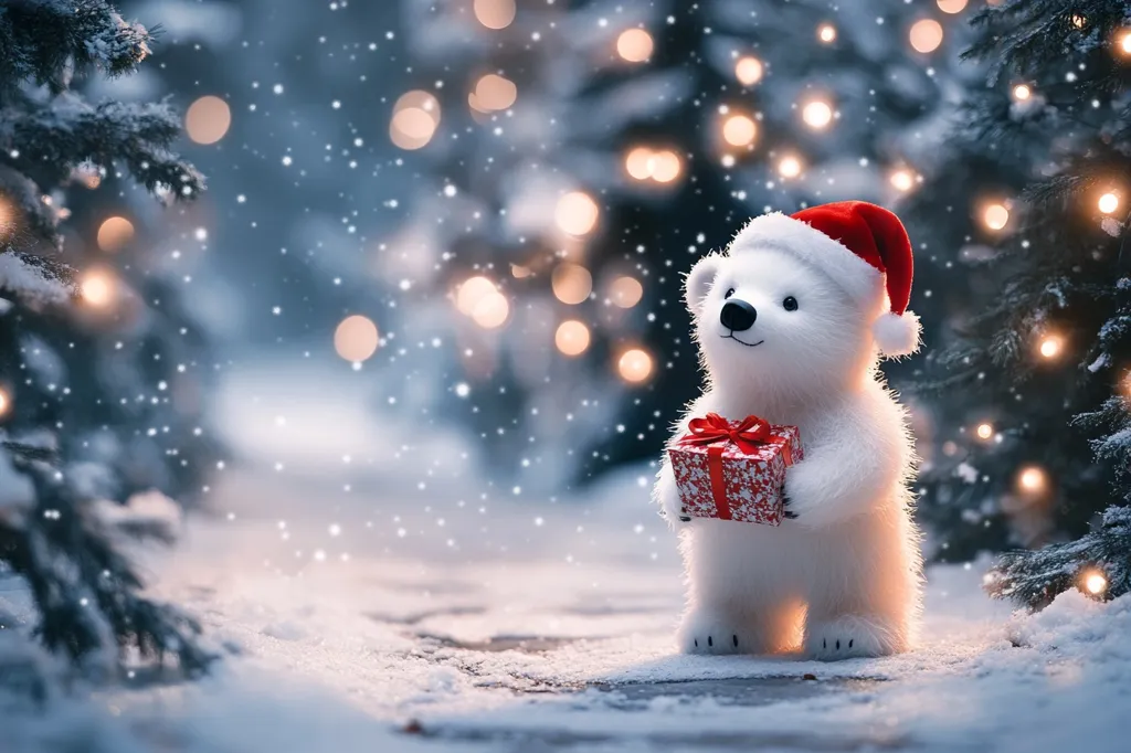 A white polar bear wearing a red Santa hat stands in a snowy forest. The bear is holding a red and white gift box.  The background is a soft blur of snow-covered trees and twinkling lights. The scene is peaceful and festive, perfect for a winter wonderland.