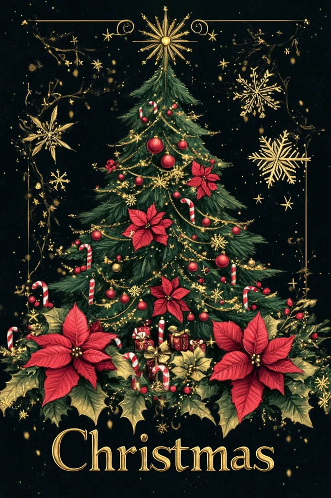 The image depicts a Christmas tree decorated with red and gold ornaments, candy canes, and poinsettia flowers. The tree is surrounded by golden snowflakes and stars on a black background. The words "Christmas" are written in gold at the bottom. The image evokes a festive and celebratory atmosphere, reflecting the spirit of Christmas.