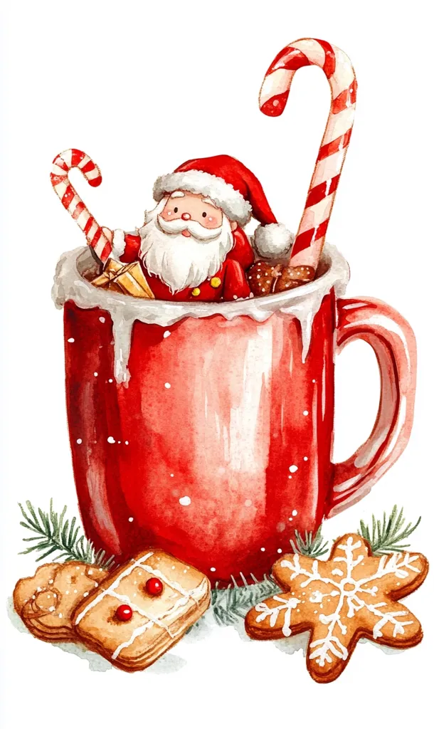 A watercolor illustration of a red mug filled with hot chocolate and topped with a small Santa Claus, candy canes, and marshmallows. There are two gingerbread cookies with white frosting and red sprinkles on the bottom, and a sprig of greenery. The image is festive and cheerful, perfect for the holiday season.
