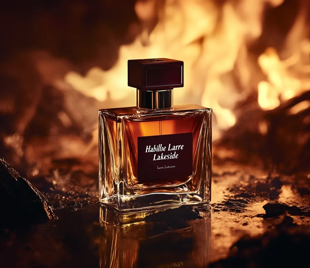 A bottle of Habille Larre Lakeside perfume sits on a textured surface with a blurry background of a roaring fire. The bottle is rectangular with a square cap and a rich brown liquid. The label is black with gold lettering and reads "Habille Larre Lakeside" and "Larre Lakeside". The image evokes a sense of warmth, comfort, and a cozy atmosphere.