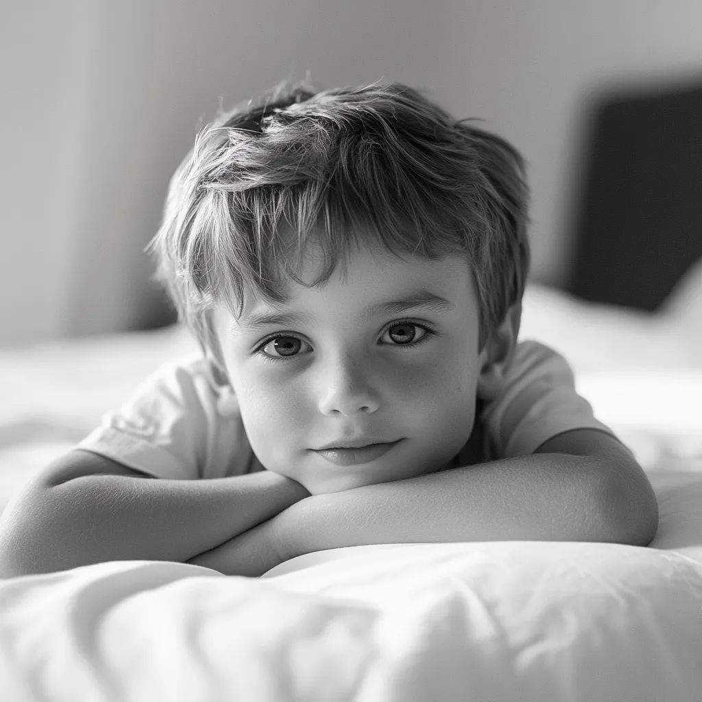 A young boy with tousled hair lies on a bed, his arms crossed in front of him, his chin resting on his arms. He gazes directly at the camera with large, expressive eyes, his expression a mix of curiosity and introspection. The black and white image creates a sense of calm and innocence.