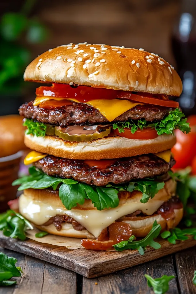 A towering, double-decker hamburger sits on a wooden cutting board. The burger is piled high with juicy beef patties, melted cheese, crisp lettuce, ripe tomatoes, and a drizzle of ketchup. The top bun is sprinkled with sesame seeds. The image evokes a sense of deliciousness and indulgence.