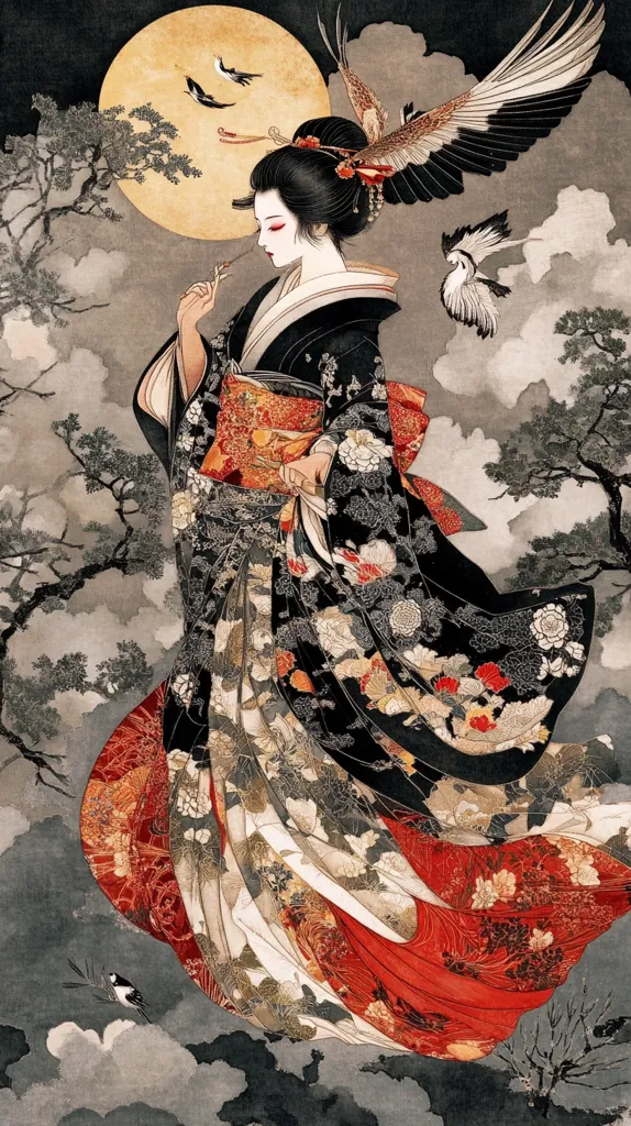 The image depicts a woman in a flowing black and red kimono, with a large bird’s wing draped over her head. She stands against a backdrop of swirling clouds and a moonlit sky, surrounded by delicate, bird-like figures. The woman’s expression is serene, and the overall atmosphere of the image is one of ethereal beauty and tranquility. The intricate details of the kimono and the surrounding scenery contribute to the artwork's captivating visual appeal.
