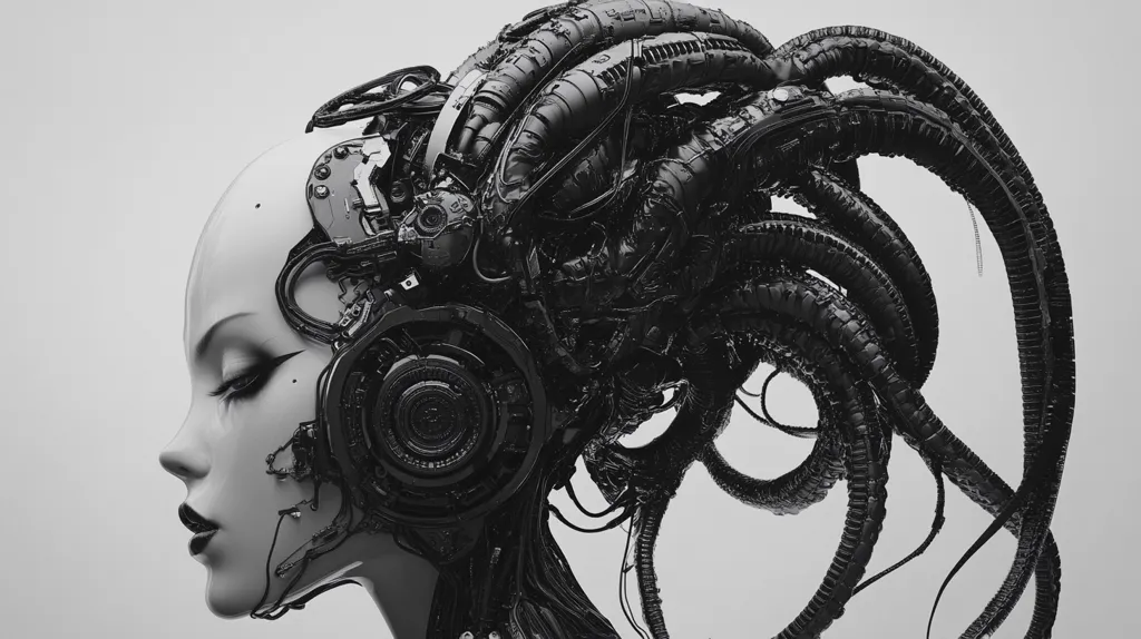 A black and white image of a woman's head with intricate, mechanical, and bio-mechanical parts. Her hair is a complex array of tubes and wires, flowing backwards. The woman's face is smooth and devoid of features, except for a single, closed eye and a subtle line of her lips. The image has a futuristic, dystopian feel, hinting at advanced technology and the blurring of lines between human and machine.