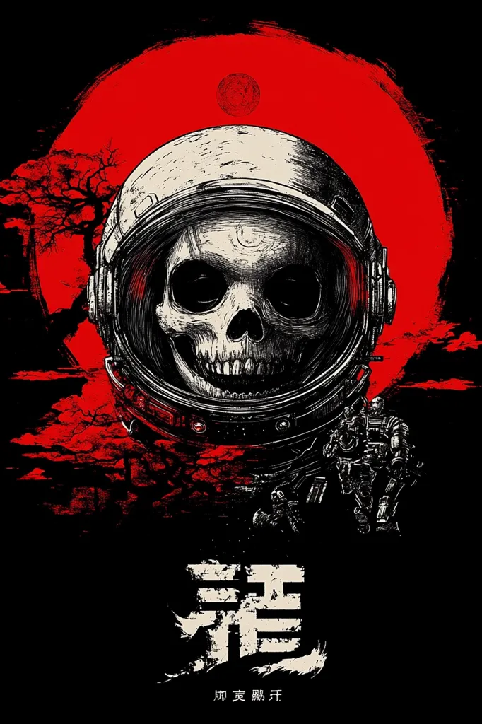 The image depicts a skull wearing an astronaut helmet. The skull is grinning, and its eyes are wide open. There is a red circle behind the skull, and a small, red moon in the top corner of the circle. The image has a dark and eerie feel, and it seems to suggest the dangers of space exploration. Below the skull is a Japanese character that translates to "demon" and the text "What the Demon Knows" in Chinese.