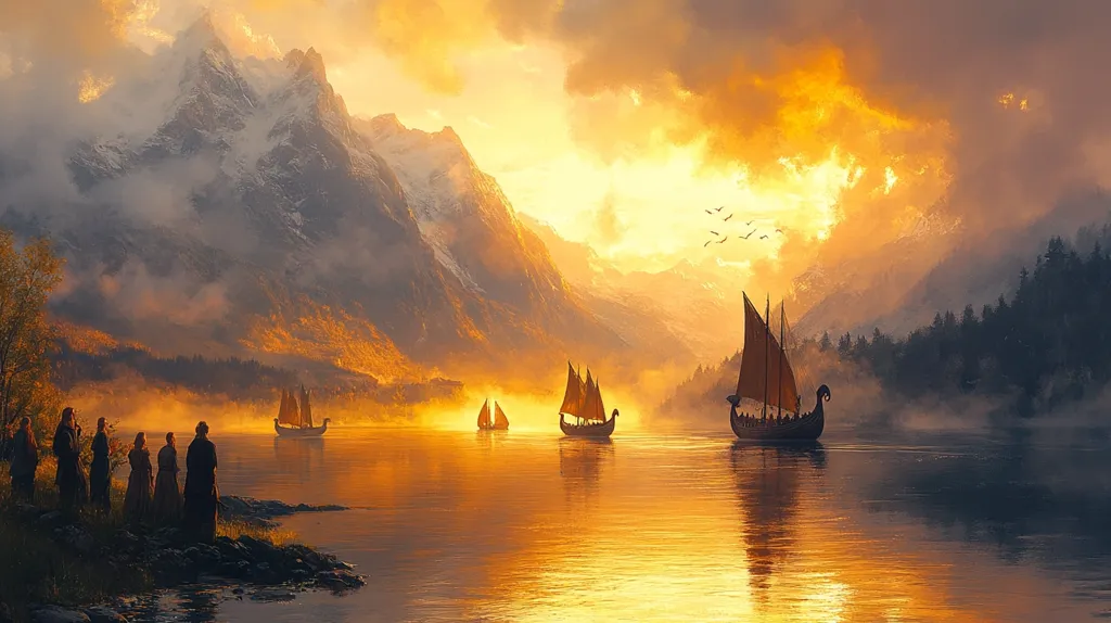 A group of people stand on a rocky shore, watching as four longboats sail away into the golden sunset. The boats are silhouetted against a backdrop of towering mountains and a fiery sky. The scene is peaceful and serene, suggesting a sense of departure or farewell.  The air is filled with mist and the water is calm and reflective.