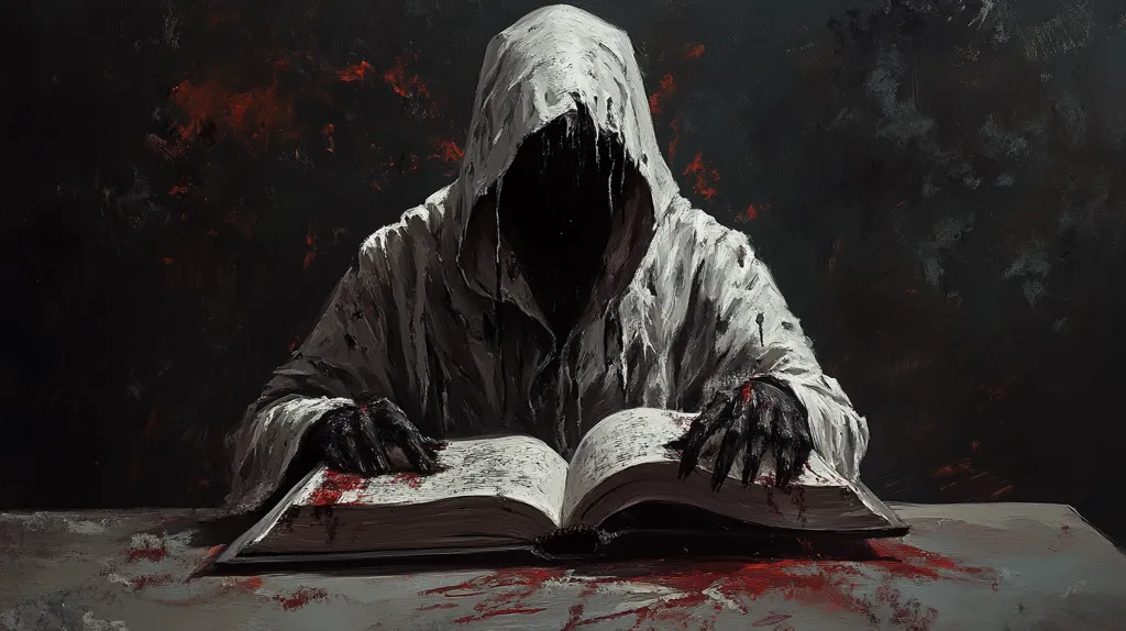 The image depicts a cloaked figure in a dark setting. The figure is hunched over an open book with bloody hands and a shadowy face obscured by the hood. Blood splatters across the book and the table, creating a sense of dread and mystery.  The image's dark tones and ominous atmosphere suggest a sense of evil and impending doom.