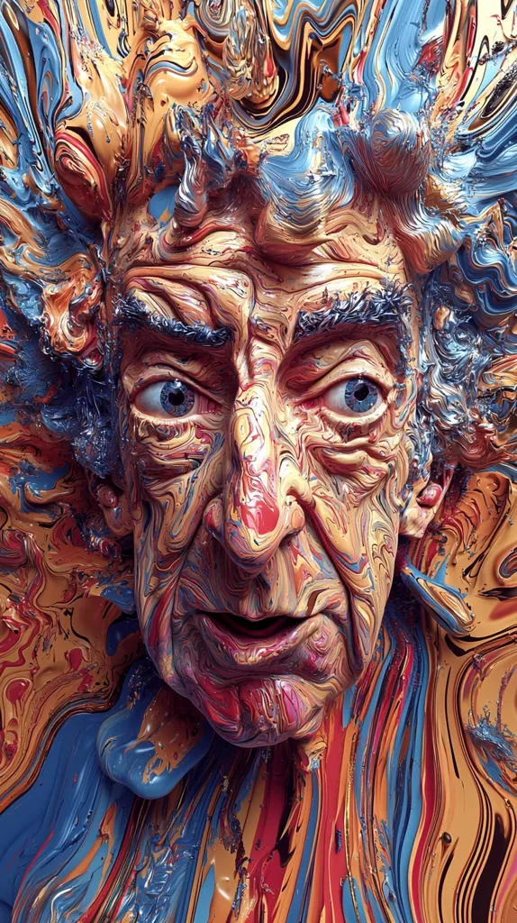 The image is a close-up of a man's face, rendered in a style reminiscent of melting, swirling paint. The vibrant colors create a chaotic and abstract feel, while the realistic features of the face create a sense of unease and tension. The man's eyes are wide and staring, and his mouth is open in a silent scream, adding to the unsettling mood of the piece. The overall effect is one of a distorted and surreal portrait, as if the subject has been swallowed by the very paint that defines them.
