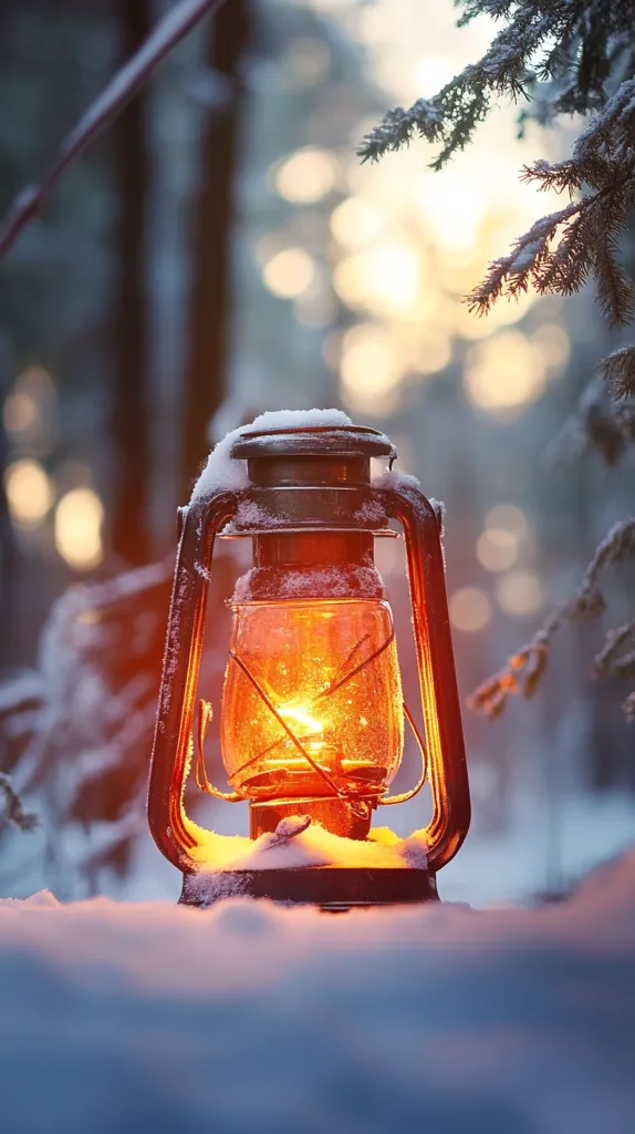A kerosene lantern, partially covered in snow, casts a warm glow in a snowy forest setting. The lantern's flame illuminates the surrounding snow, creating a stark contrast between the warmth of the light and the cold, wintery environment. The blurred background suggests a tranquil and secluded atmosphere. The scene evokes a sense of peace, warmth, and solitude amidst the winter landscape.