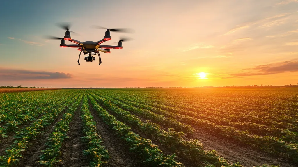 A drone flies over a vast field of crops at sunset. The sun is setting in the distance, casting a warm glow over the scene. The drone is equipped with a camera, suggesting it is being used for agricultural purposes such as surveying or monitoring crops. The image captures the intersection of technology and agriculture, highlighting the increasing use of drones in modern farming practices.