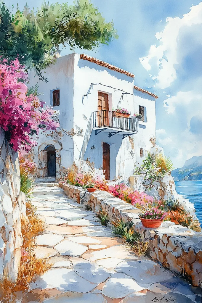 A watercolor painting depicts a whitewashed house with a balcony overlooking a stone path. The path leads up to the house, passing through a lush garden filled with blooming flowers and greenery. The house is nestled against a rocky cliffside, with a view of the sparkling blue sea in the distance. The sky is a soft blue with fluffy white clouds, casting a gentle light on the scene. The painting captures the beauty of a Mediterranean village on a sunny day.