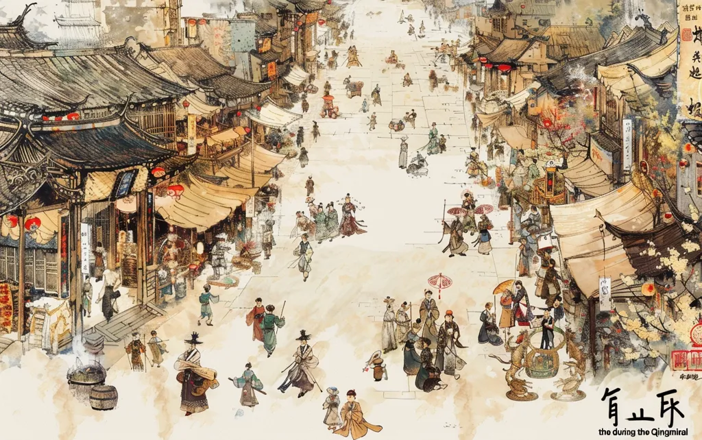 The image is a watercolor painting depicting a bustling street scene in a traditional Chinese town. The street is lined with colorful shops and stalls, with people in traditional clothing going about their daily lives. The scene is full of life and activity, with people buying and selling goods, socializing, and enjoying themselves. The painting captures the beauty and vibrancy of traditional Chinese culture. The caption below the painting states it depicts the city during the Qing Dynasty.