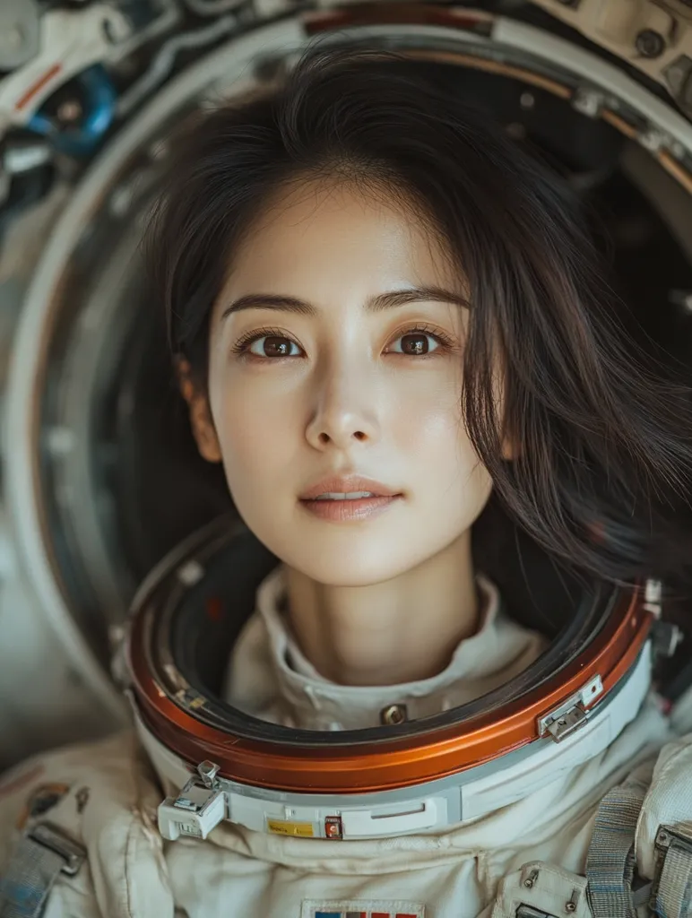 A young woman with long dark hair gazes intensely at the camera. Her face is framed by a large, metallic ring, part of an astronaut helmet. The focus on her eyes suggests a sense of determination and focus, making her seem like a strong, courageous individual prepared for the challenges of space exploration. The overall tone is powerful and aspirational, implying a story of bravery and ambition.