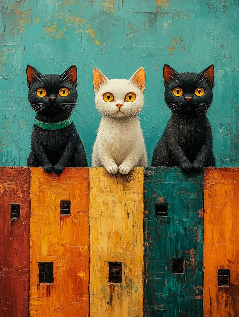 Three cats sit atop a wooden fence painted in shades of orange, yellow, and teal. The cats are each distinct: one is black with a green collar, one is white with bright yellow eyes, and the last is black with an orange glow. They are all facing forward, their expressions serious and alert. The background is a muted teal, creating a sense of calm contrast.