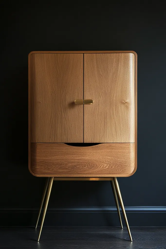 The image shows a wooden cabinet with two doors and a single drawer, standing on four slender gold legs. The cabinet has a warm brown wood finish and features gold-toned handles. The background is a dark wall, creating a striking contrast against the cabinet's warm tones. The overall style is sleek and modern, with a hint of mid-century design. The cabinet's simple yet elegant design would make a beautiful addition to any contemporary home.
