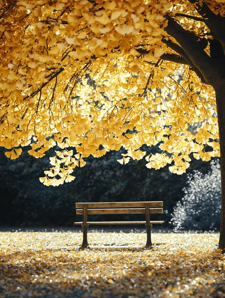 A wooden bench sits beneath the golden canopy of a large tree in the autumn. The leaves are a bright yellow, creating a beautiful contrast against the dark trunk and the ground covered in fallen leaves. The sunlight filters through the leaves, casting dappled shadows on the ground. The scene is peaceful and serene, suggesting a moment of tranquility.
