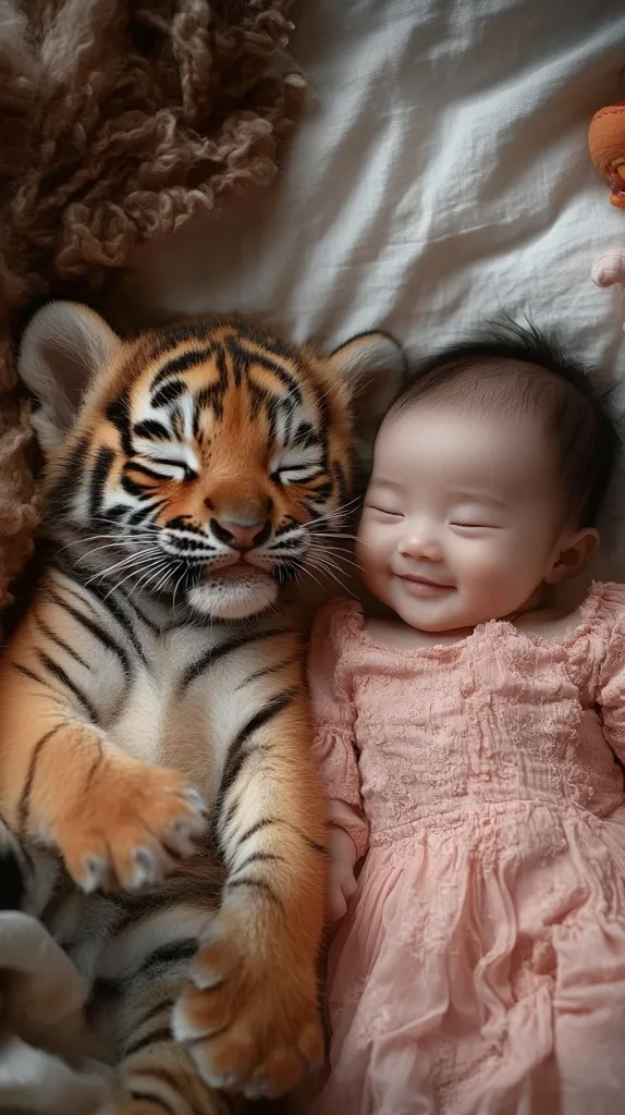 A baby girl in a pink dress is lying in a bed with a tiger cub. The tiger cub is lying next to the baby, with its head resting on the baby's arm. The baby is smiling and the tiger cub is sleeping. The scene is captured in a warm and intimate setting.