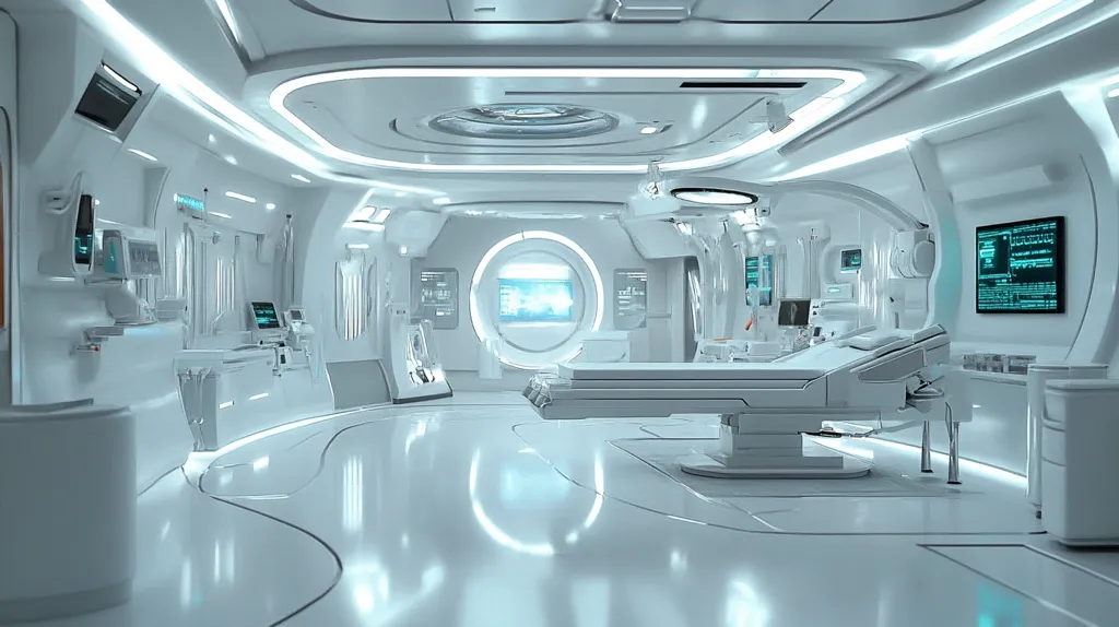 The image shows a futuristic medical facility with a sterile and minimalist design. The room is dominated by white surfaces, sleek equipment, and bright lighting. There is a large operating table in the center, surrounded by advanced medical devices. The walls are curved and feature circular windows, giving the room an almost spaceship-like aesthetic. The overall impression is one of clean, technological advancement in the medical field.