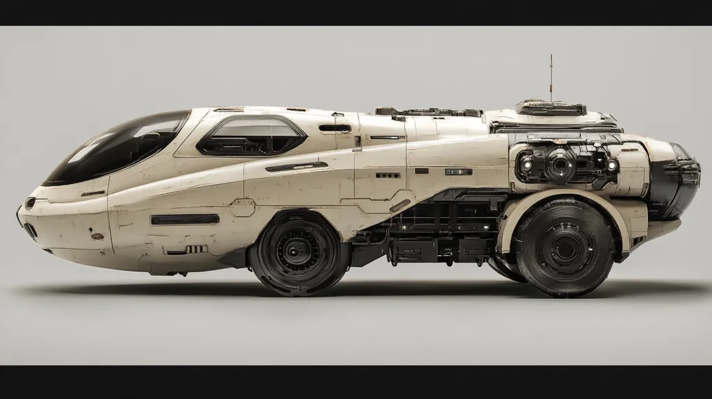 The image depicts a futuristic vehicle, likely a land rover, designed for off-road travel. Its sleek, aerodynamic shape suggests high speed capability.  The vehicle is painted a creamy white with accents of dark gray and black. It has a large, rounded windshield, and its body is segmented, with a distinct, angular design. The vehicle is equipped with a rear-mounted, circular antenna and appears to be heavily armored. The details of the vehicle's mechanical components, along with its sleek, futuristic design, suggest it is a technologically advanced machine, perhaps designed for combat or exploration. The image evokes a sense of dynamism and hints at the possibilities of a technologically advanced future.