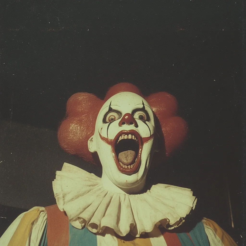 The image shows a terrifying clown with a wide, open mouth, revealing rows of sharp teeth and a protruding tongue. The clown's face is painted white with exaggerated features and dark eyes. The clown's hair is a bright red and their costume is a traditional clown outfit with a ruffled collar and striped pants. The image is shot in a low-light, grainy style, adding to the eerie atmosphere.