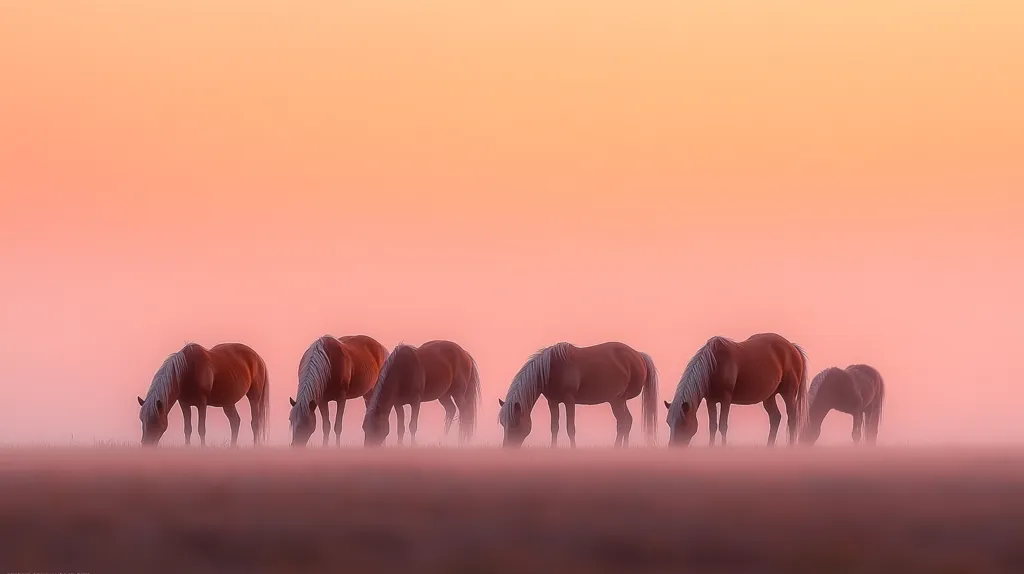 A group of six horses graze in a field at sunset. The horses are brown with white manes and tails, and the sunset creates a soft, pink glow over the landscape.  A light mist or haze hangs in the air, adding to the peaceful atmosphere.  The image is serene and picturesque, capturing a moment of tranquility in nature.