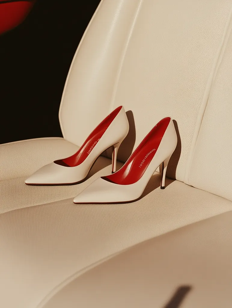 A pair of white high heels with red soles are placed on the backseat of a car. The heels are positioned on the white leather seat with the pointed toes facing towards the camera. The heels are a classic and elegant style, and they are a popular choice for women who want to look stylish and sophisticated. The red soles are a bold and eye-catching detail that adds a touch of personality to the shoes. The car's backseat is a classic, timeless design. The image is simple yet elegant, highlighting the beauty of the shoes.