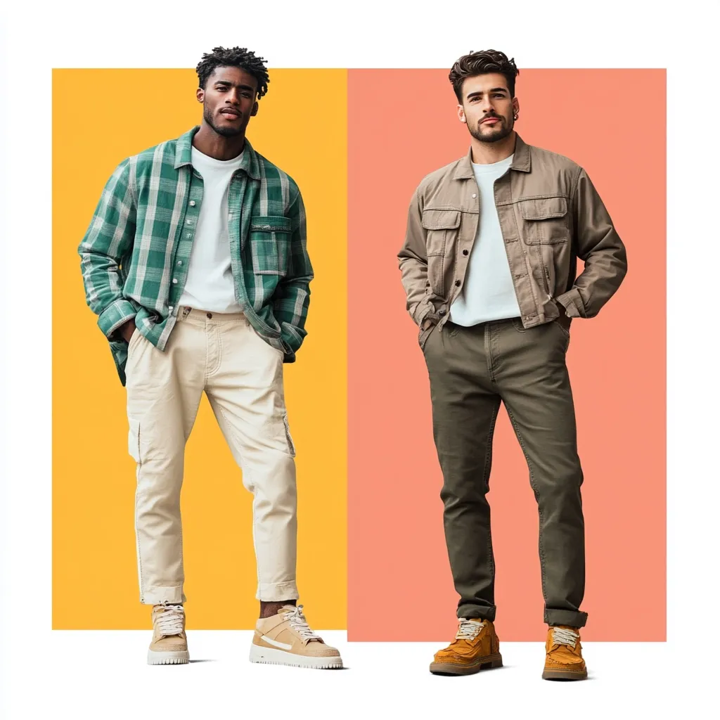 Two men stand in front of a colored background. The man on the left is wearing a green plaid shirt over a white t-shirt, khaki pants, and brown shoes. The man on the right is wearing a brown jacket over a white t-shirt, green pants, and brown shoes. They both have their hands in their pockets.  The man on the left has short black hair. The man on the right has brown hair.  The background is a split color, yellow on the left and pink on the right.  The lighting is bright and well-lit.