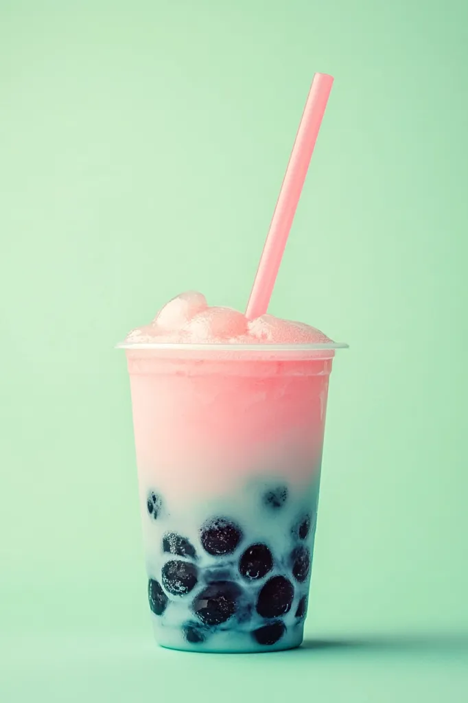 A plastic cup filled with pink and blue layered boba tea sits on a mint green background. A pink straw peeks out of the top. The tea is topped with a layer of foam. The boba pearls are visible at the bottom of the cup. The image is bright and cheerful, perfect for a summery drink.