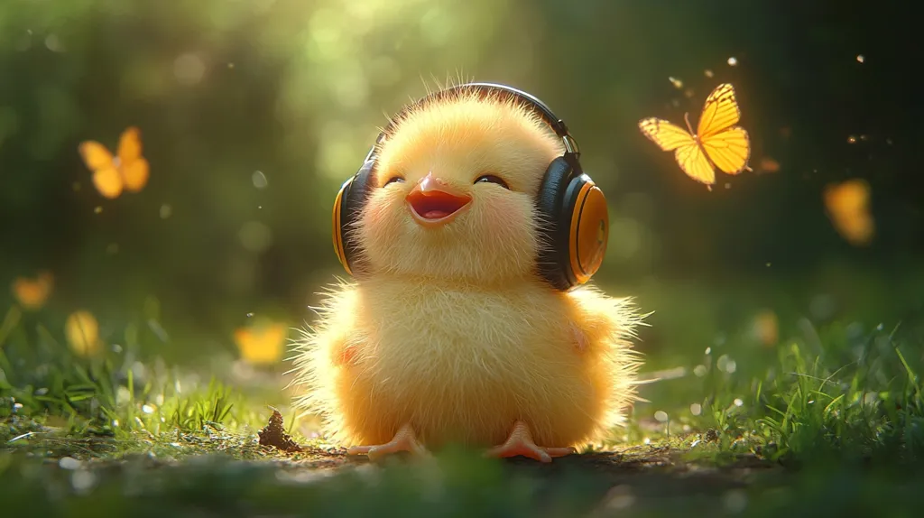 A fluffy yellow chick wearing headphones sits in a grassy field, its beak open in a joyful expression.  The chick is surrounded by green grass and blurry bokeh lights, with a single yellow butterfly flying above it. The chick looks happy and content, enjoying the music or nature sounds.