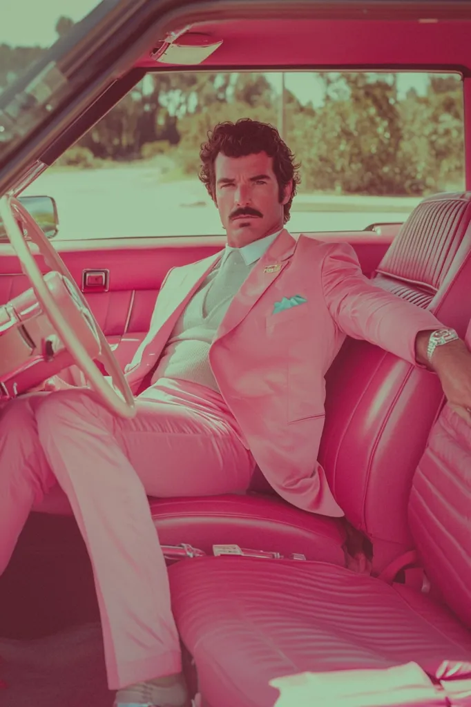 A man in a bright pink suit sits in the driver's seat of a pink car. He is looking directly at the camera with a serious expression. The interior of the car is also pink, creating a striking contrast with the man's dark hair and mustache. The car's steering wheel is visible in the foreground, and the windows are open, revealing a blurred background of trees. The overall mood of the image is one of stylish coolness and retro glamour.