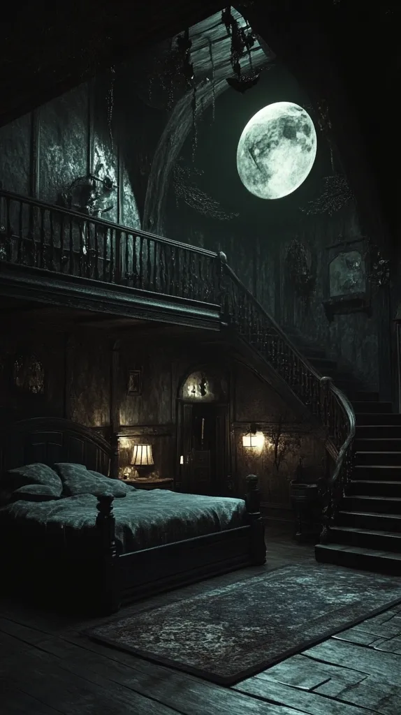 A dimly lit room in a creepy old house.  The room features a large, four-poster bed with a dark green duvet, a worn rug on the floor, and a large, winding staircase in the background. There are a few lanterns scattered throughout the room, casting dim shadows on the walls. A large, bright moon shines through a window in the ceiling, illuminating the top of the staircase and the dusty attic.  The room is filled with a sense of mystery and intrigue.