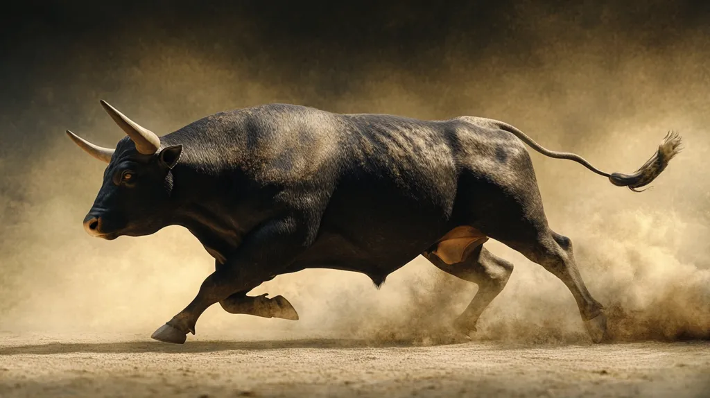 A black bull with long, curved horns charges across a dusty arena. Its powerful legs propel it forward, kicking up a cloud of sand.  Its dark, muscular body is focused on its target, while its tail swishes behind it. The bull’s determined gaze and powerful physique are  a testament to its strength and wild nature.  The image captures the raw power and beauty of this magnificent creature.